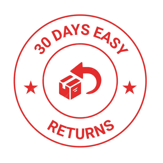 Rode ronde badge met sterren en tekst ‘30 DAGEN GEMAKKELIJKE RETOUR’, met een pictogram van een doos met een gebogen pijl die een retour aangeeft.