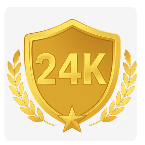 Gouden schild met ‘24K’ in vette letters, geflankeerd door twee gouden lauwerkransen en een gouden ster onderaan, symbool voor prestatie of hoge status.