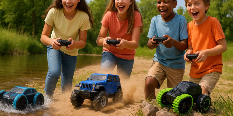 Vier lachende kinderen spelen met op afstand bestuurbare auto’s op een zanderige oever van een meer. Ze lachen terwijl de auto’s het zand opspatten. De kinderen dragen kleurrijke shirts en houden de afstandsbedieningen vast, met groen en water op de achtergrond.