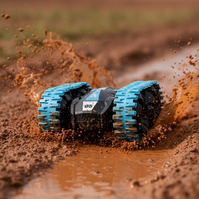 Blauwe Trail Master rijdt door modder op een buitenparcours