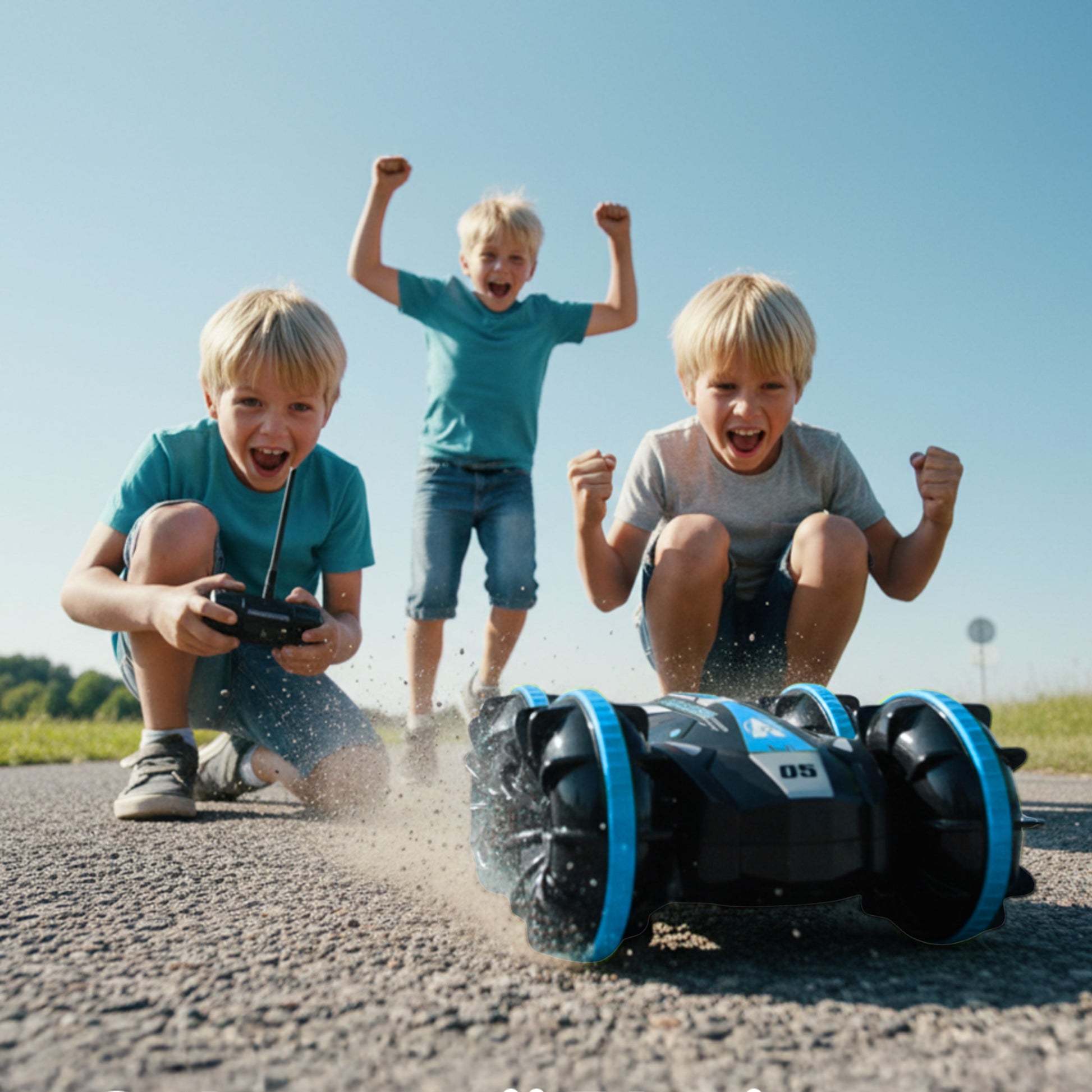 Drie enthousiaste kinderen spelen buiten met een zwarte en blauwe RC-stuntauto op asfalt, terwijl stof opspat en één kind de afstandsbediening vasthoudt.