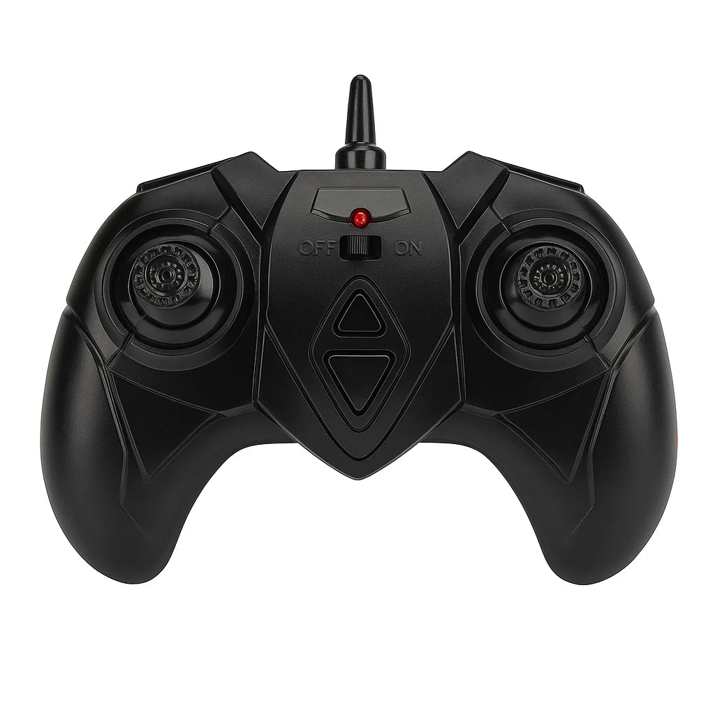 Zwarte afstandsbediening met twee joysticks, aan-uitknop en antenne voor draadloze besturing.