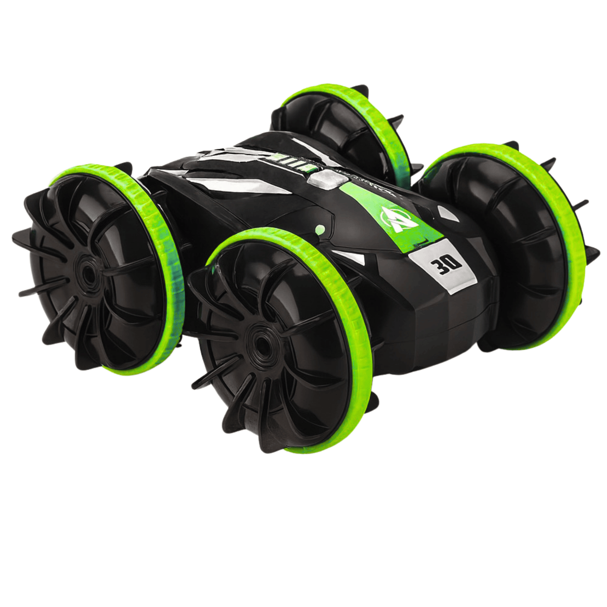 Zwarte RC auto met opvallende groene banden en grof profiel, geschikt voor avontuurlijke en snelle ritten.