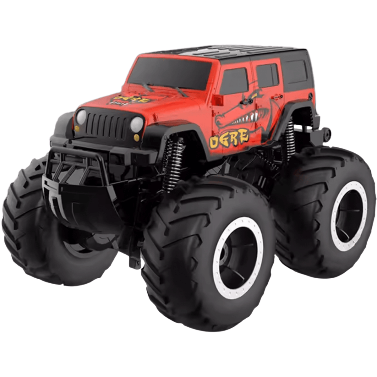 Rode en zwarte RC auto met grote offroad banden en robuust ontwerp, geschikt voor stoere ritten buiten.