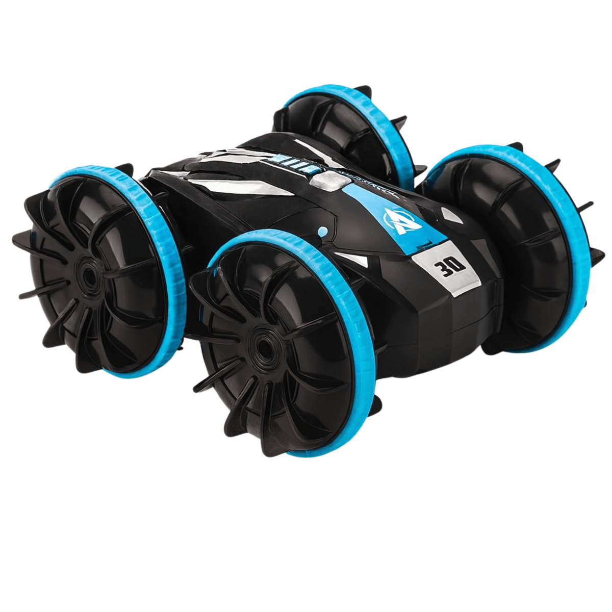 Zwarte RC auto met opvallende blauwe accenten en vier grote wielen geschikt voor avontuurlijke ritten.