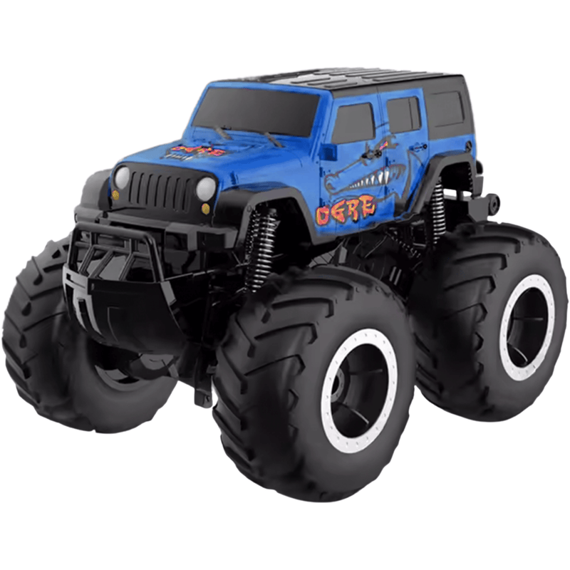 Blauwe RC auto met grote dikke banden en robuust ontwerp, geschikt voor ruige terreinen en avontuurlijke ritten