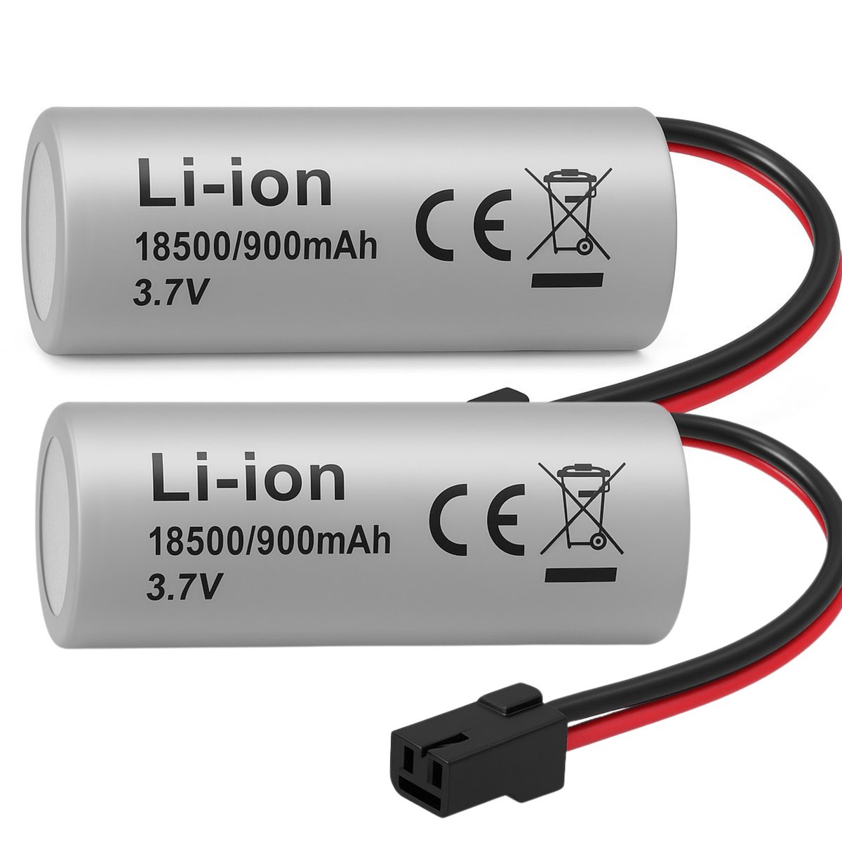 Twee zilverkleurige lithium-ion accu’s met 3,7V spanning, 900mAh capaciteit en zwarte en rode aansluitkabels.