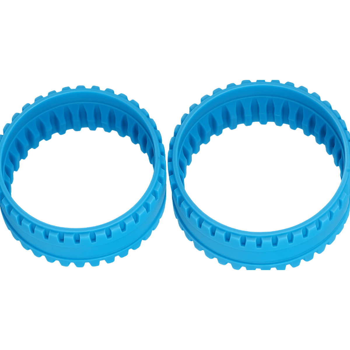 Twee blauwe rubberen rupsbanden met profiel voor extra grip, geschikt voor een RC auto.