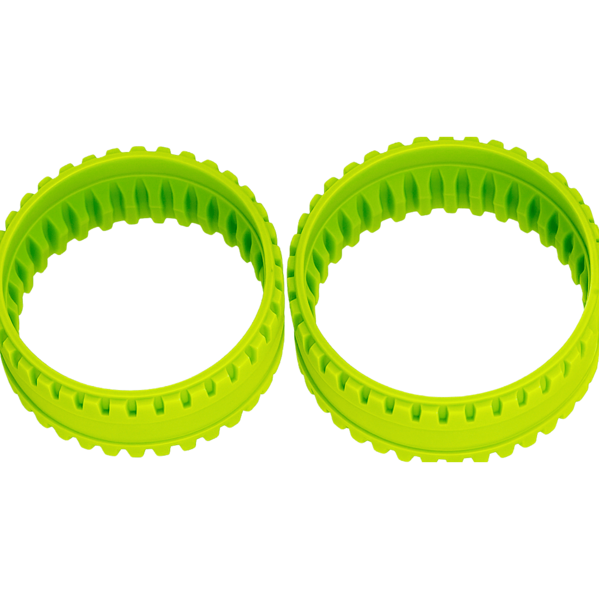 Twee felgroene rubberen rupsbanden met profiel, geschikt voor Little Monkeez RC auto’s en extra grip.