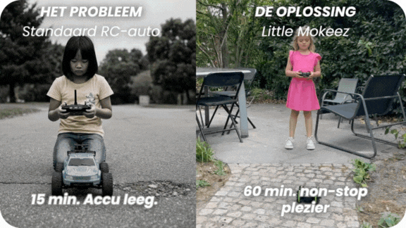 Twee beelden van kinderen met afstandsbediening: standaard RC-auto schakelt snel uit, Little Monkeez RC auto met langer plezier Race Auto.
