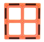Oranje vierkant met afgeronde hoeken en vier open compartimenten, met zwarte accenten als generiek interface-element.