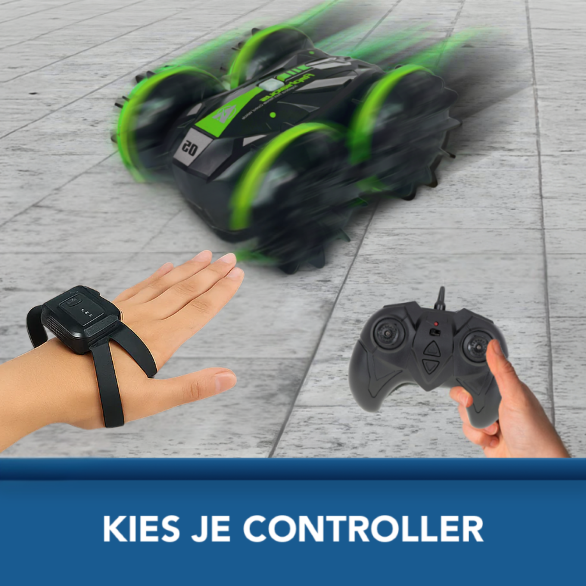 Zwarte en groene RC stuntauto in actie op een tegelvloer, bedienbaar met polscontroller of afstandsbediening, met tekst: ‘KIES JE CONTROLLER’.