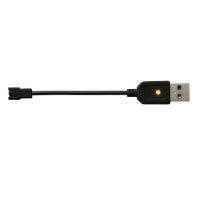 Kleine zwarte USB-kabel met indicatorlamp en smalle connector geschikt voor opladen of data-overdracht.