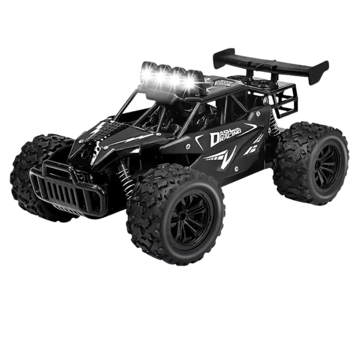 Zwarte offroad RC auto met LED-verlichting, grote knobbeltoppen en robuust design klaar voor avontuurlijke ritten.