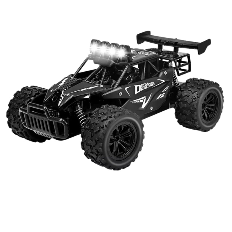 Zwarte offroad RC auto met LED-verlichting, grote knobbeltoppen en robuust design klaar voor avontuurlijke ritten.