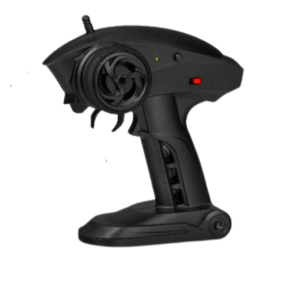 Zwarte afstandsbediening met draaiknop en trigger, ergonomisch ontwerp voor eenvoudige besturing van RC auto’s.