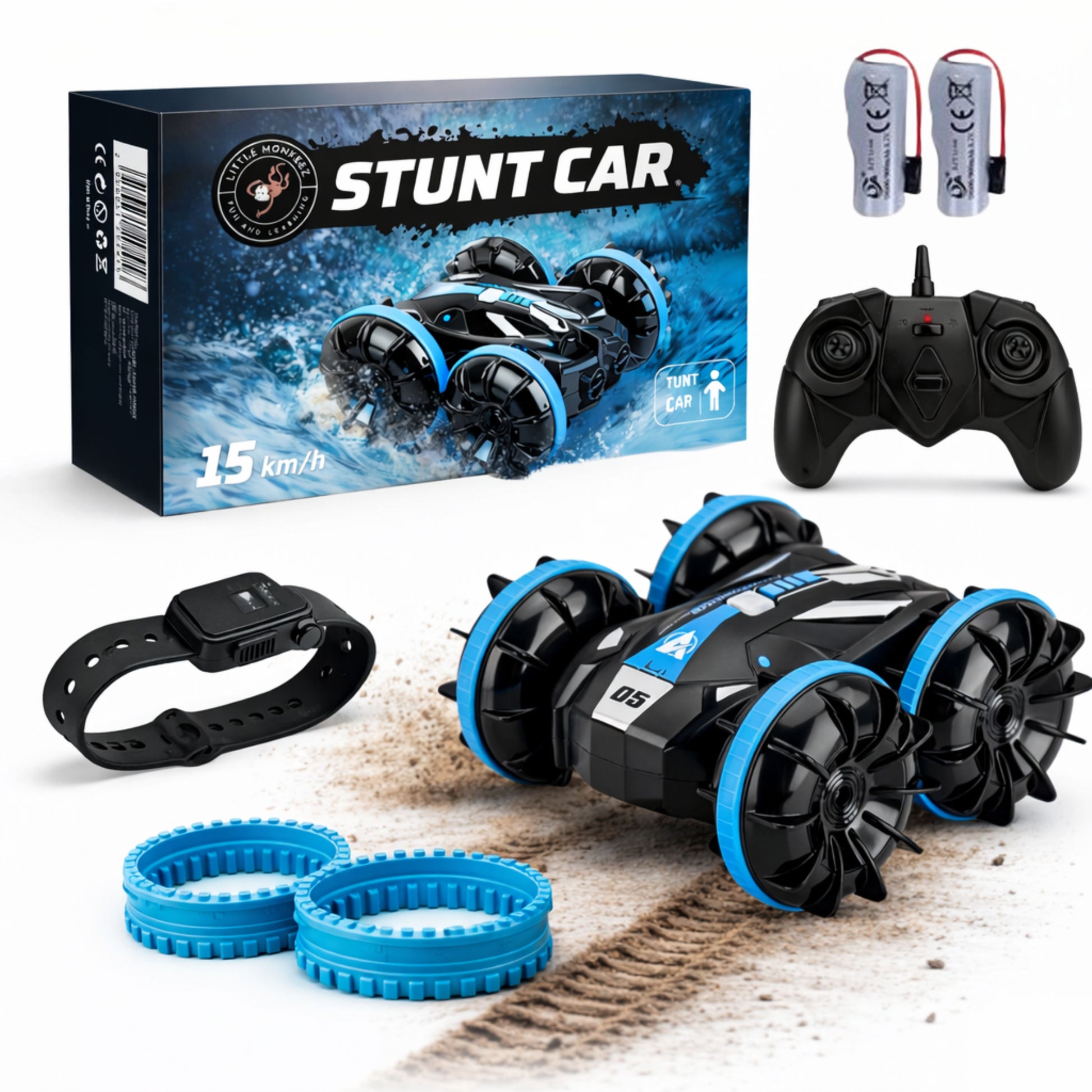 Zwarte en blauwe RC-stuntauto met accessoires, waaronder een polscontroller, afstandsbediening, twee accu’s, extra banden en de productverpakking