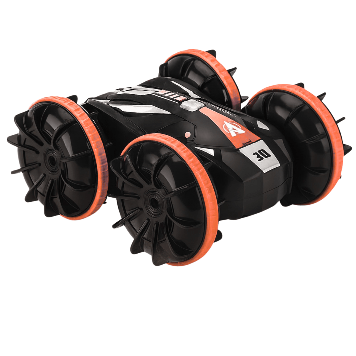 Zwarte RC auto met opvallende oranje banden en een gestroomlijnd ontwerp voor snelle en stuntachtige ritten.